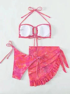 Three-piece bikini set with tie-dye halter top, side-tie bottoms and ruffle sarong