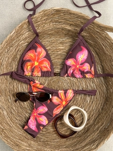 Tropical Floral Print Bikini Halter Triangle Top And Low Waist Side Tie Bottom Swimsuit For Women Beach Vacation Swimwear