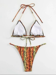 Sexy orange snakeskin bikini set with cross halter neck and gold chain details