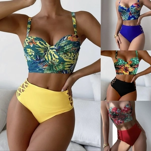 Women's Tropical Botanical Floral Printed Underwire Two-Piece Bikini Set Sexy High Waist Criss-Cross Swimsuit Top And Bottom