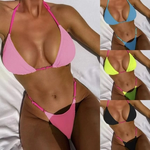 Women Ribbed Triangle Bikini Top And High Cut Briefs Sexy Solid Color Swimsuit With Metal Buckles Summer Beachwear Swimwear