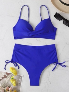 Royal blue two-piece bikini set with underwire cups and high-waisted drawstring bottoms