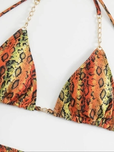 Sexy halter bikini top with gradient snake print and elegant gold chain straps