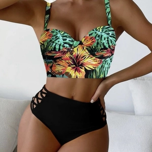 Two-piece floral bikini set with underwire top and black high-waisted lace-up bottoms