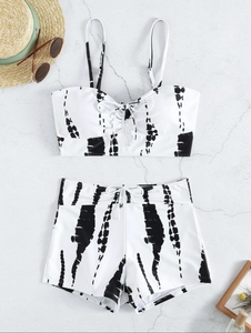 Women's two-piece tie-dye bikini set with drawstring top and high-waisted shorts