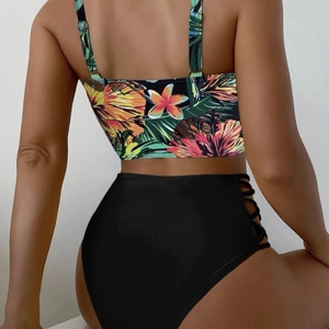 Two-piece tropical print bikini with underwire cups and high-waisted cutout bottoms