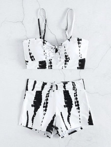 Women's two-piece bikini set with black tie-dye stripes and high-waisted bottoms