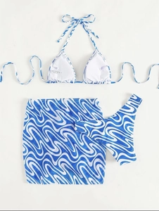 Three-piece women's bikini set with marble print swimsuit and matching sarong