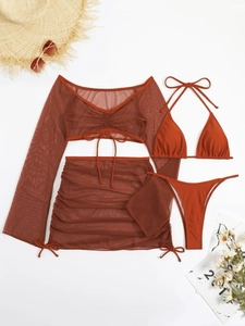 Ensemble bikini 4 pièces rouille avec haut en mesh et jupe de plage froncée