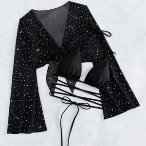 Women's 4-piece black bikini set with sparkling star print mesh cover-up and tie-up top