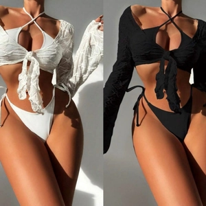 Women's Bikini Top Bottom And Long Sleeve Textured Shrug Halter Lace-up Sexy Solid Color Beach Vacation Swimwear