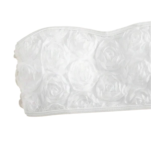 White bandeau bikini top with 3D chiffon floral petals and romantic layered texture