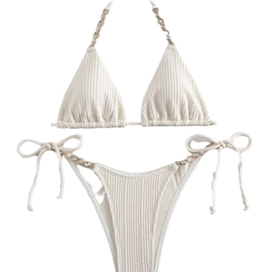 Sexy geripptes zweiteiliges Bikini-Set in Off-White mit verzierten Trägern und Bändern