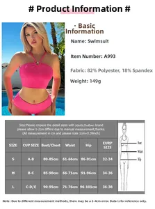 Tableau des tailles pour bikini dos nu avec mesures détaillées et composition du tissu