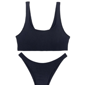 Women's black ribbed bikini set with scoop neck top and high-cut bottoms on white background