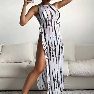 Women Sexy Bikini Halter Top Bottom And Mesh High Slit Long Skirt Tie Dye Zebra Print Beachwear Bathing Suit For Vacation