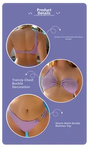 Detail view of purple ribbed two-piece bikini featuring gold B-shaped metal buckles