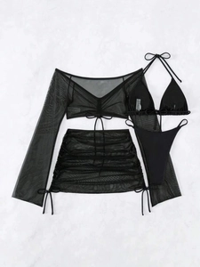 Vue à plat de bikini noir 4 pièces en maille avec haut à manches longues et jupe à volants