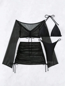 Ensemble bikini noir quatre pièces avec haut en maille et détails de cordon de serrage