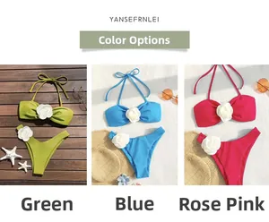 Detailed views of two-piece bikini sets with 3D rose flowers in green, blue and pink colors