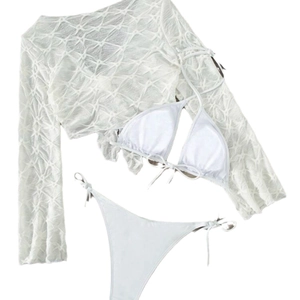 Three-piece white bikini set including long sleeve mesh cover-up and textured halter swimsuit