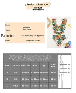 Tableau des tailles pour bikini floral montrant S, M, L dimensions et détails du tissu