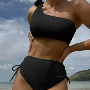 One shoulder black ribbed bikini set with bow tie detail and high waisted bottom