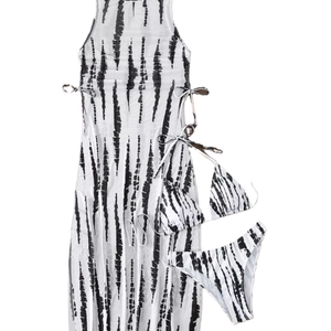 Three-piece black and white tie-dye bikini set with long mesh cover-up dress for beach