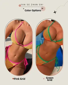 Detail view of pink and green grid bikinis with halter ties and hollow mesh design