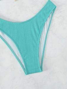 Detailed view of lake blue ribbed bikini bottoms with high cut design and shell decor