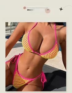 Detail of neon yellow mesh bikini set with pink trim and halter neck tie strings