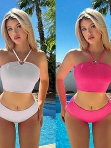 Maillot de Bain Bikini Dos Nu Côtelé pour Femmes Haut et Bas Anneau Métallique Ajouré Sexy Vêtements de Plage Couleur Unie