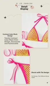 Detail view of pink and yellow contrast bikini with mesh print and adjustable side ties