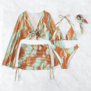 Ensemble bikini 5 pièces tie-dye orange et menthe avec paréo à manches longues assorti
