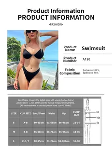 Size chart detail for solid black two-piece bikini with fabric composition and measurements