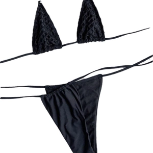 Three-piece black sexy mesh bikini set with triangle top and tie-side bottoms for women