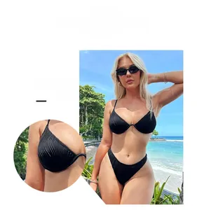 Detail of black ribbed fabric on high-cut bikini set with underwire support