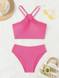 Bikini deux pièces rouge rose côtelé avec haut dos nu et détail anneau coeur