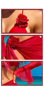 Détails du bikini rouge avec fleurs 3D et jupe en maille transparente assortie