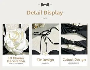 Detail of 3D white floral applique and hollow out back design on black bikini