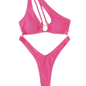Maillot de bain rose fuchsia côtelé à une épaule avec anneau métallique central