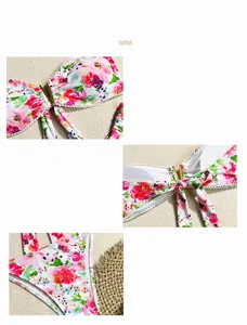 Détails du bikini floral avec imprimés de fleurs roses, dentelle blanche et boucle en V