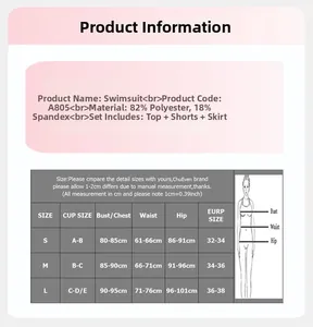 Tableau des tailles pour bikini 3 pièces avec mesures du buste, de la taille et des hanches