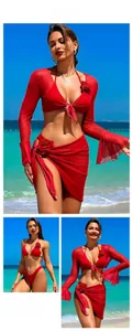 Détail du bikini rouge avec rose 3D et ensemble de plage en maille légère
