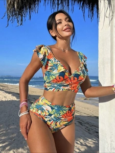 Maillot de Bain Femme Bikini Imprimé Feuilles Tropicales Haut et Bas Taille Haute Volants Col en V Sexy Plage