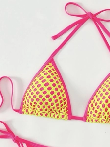 Neon pink and yellow mesh bikini top with halter neck ties for summer beachwear