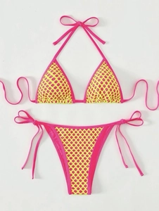 Sexy neon pink and yellow honeycomb bikini set with halter top and side-tie bottoms