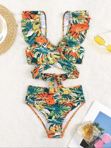 Maillot de bain deux pièces à imprimé tropical avec volants et taille haute