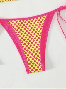 Pink and neon yellow mesh bikini bottom with side ties for sexy summer beach vacation