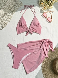 Maillot de Bain Bikini 3 Pièces Sexy Rose Brillant pour Femmes Haut à Licou avec Bas Taille Basse et Jupe de Plage Assortie